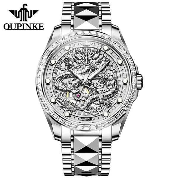 OUPINKE 3276 Men's Luxury Automatic Mechanical Dragon Design Luminous Watch - Full Silver