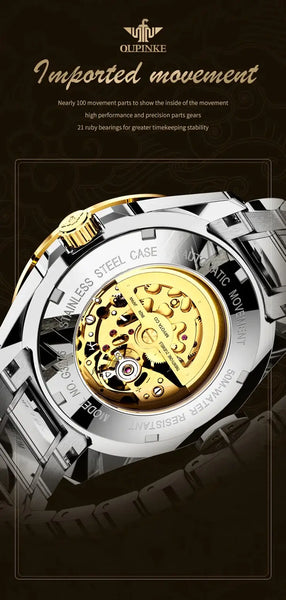 OUPINKE 3276 Men's Luxury Automatic Mechanical Dragon Design Luminous Watch - Japanese Movement