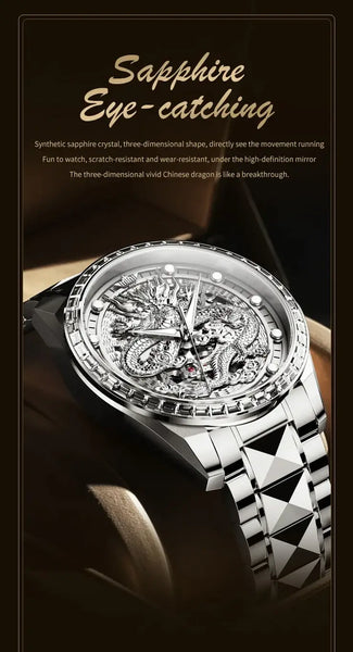 OUPINKE 3276 Men's Luxury Automatic Mechanical Dragon Design Luminous Watch - Sapphire Mirror