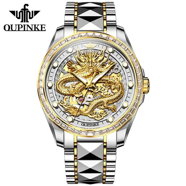 OUPINKE 3276 Men's Luxury Automatic Mechanical Dragon Design Luminous Watch - Two Tone Gold Dragon