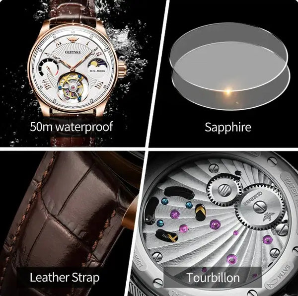 OUPINKE 8001 Men's Luxury Manual Mechanical Tourbillon Movement Watch - Multiple Features