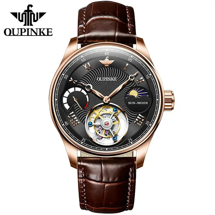 OUPINKE 8001 Men's Luxury Manual Mechanical Tourbillon Movement Watch - Rose Gold Black Face Brown Leather Strap