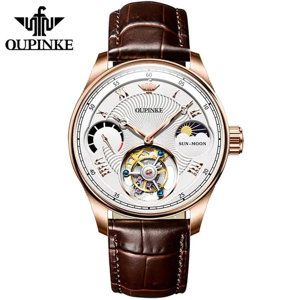 OUPINKE 8001 Men's Luxury Manual Mechanical Tourbillon Movement Watch - Rose Gold White Face Brown Leather Strap