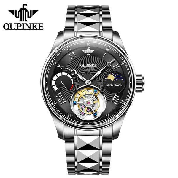 OUPINKE 8001 Men's Luxury Manual Mechanical Tourbillon Movement Watch - Silver Black Face Tungsten Steel Strap
