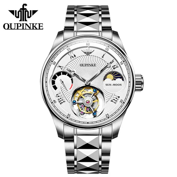 OUPINKE 8001 Men's Luxury Manual Mechanical Tourbillon Movement Watch - Silver White Face Tungsten Steel Strap