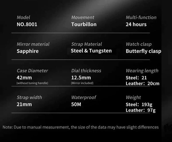 OUPINKE 8001 Men's Luxury Manual Mechanical Tourbillon Movement Watch - Specifications