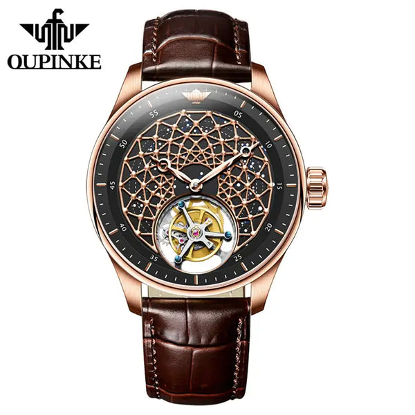 OUPINKE 8002 Men's Luxury Manual Mechanical Tourbillon Movement Watch - Rose Gold Black