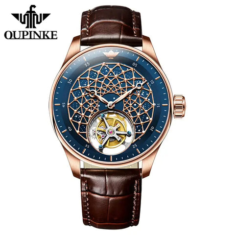 OUPINKE 8002 Men's Luxury Manual Mechanical Tourbillon Movement Watch - Rose Gold Blue