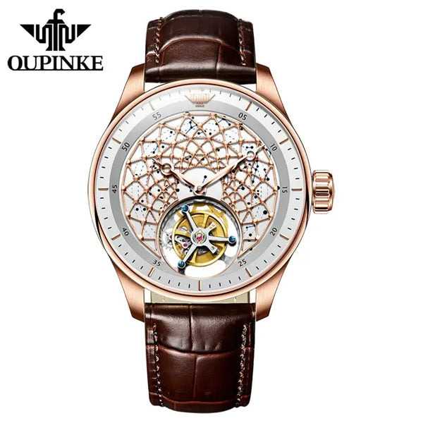 OUPINKE 8002 Men's Luxury Manual Mechanical Tourbillon Movement Watch - Rose Gold White