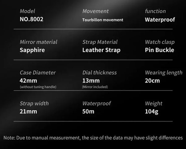 OUPINKE 8002 Men's Luxury Manual Mechanical Tourbillon Movement Watch - Specifications