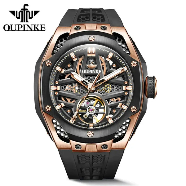 OUPINKE 9003 Men's Luxury Automatic Mechanical Skeleton Design Luminous Watch - Black Rose Gold Black Strap 