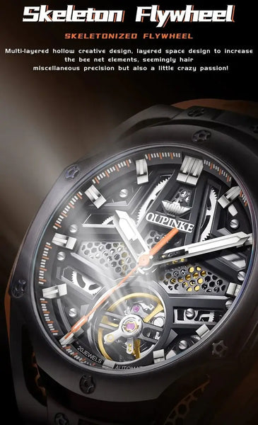 OUPINKE 9003 Men's Luxury Automatic Mechanical Skeleton Design Luminous Watch - Flywheel