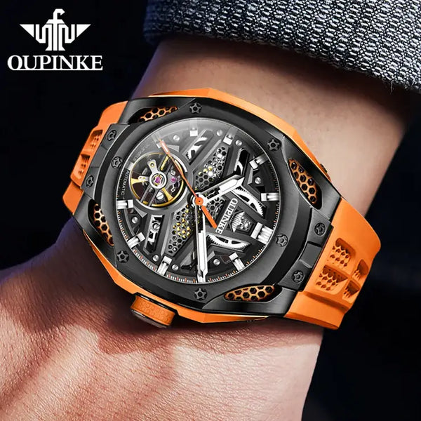 OUPINKE 9003 Men's Luxury Automatic Mechanical Skeleton Design Luminous Watch - Model Picture Orange