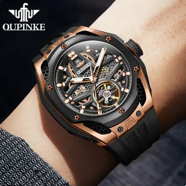 OUPINKE 9003 Men's Luxury Automatic Mechanical Skeleton Design Luminous Watch - Model Picture Rose Gold Black
