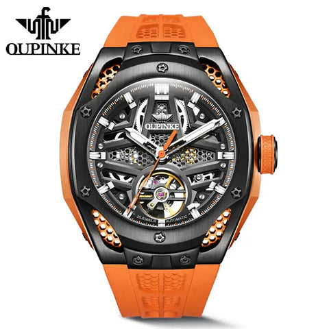 OUPINKE 9003 Men's Luxury Automatic Mechanical Skeleton Design Luminous Watch - Orange Black Orange Strap