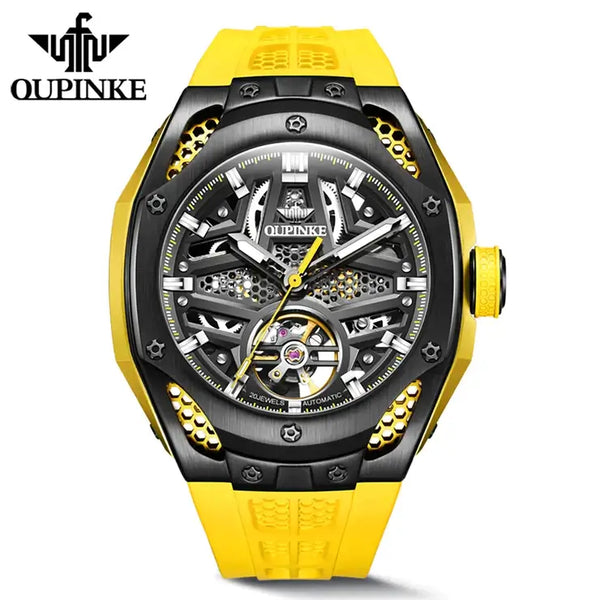 OUPINKE 9003 Men's Luxury Automatic Mechanical Skeleton Design Luminous Watch - Yellow Black Yellow Strap