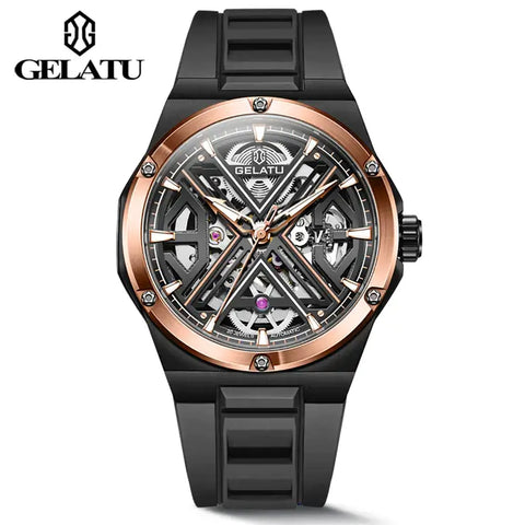 GELATU 6006 Men's Luxury Automatic Mechanical Skeleton Design Luminous Watch - Black Rose Gold Black Strap