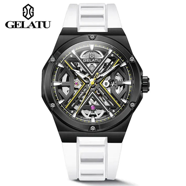 GELATU 6006 Men's Luxury Automatic Mechanical Skeleton Design Luminous Watch - Black White Strap