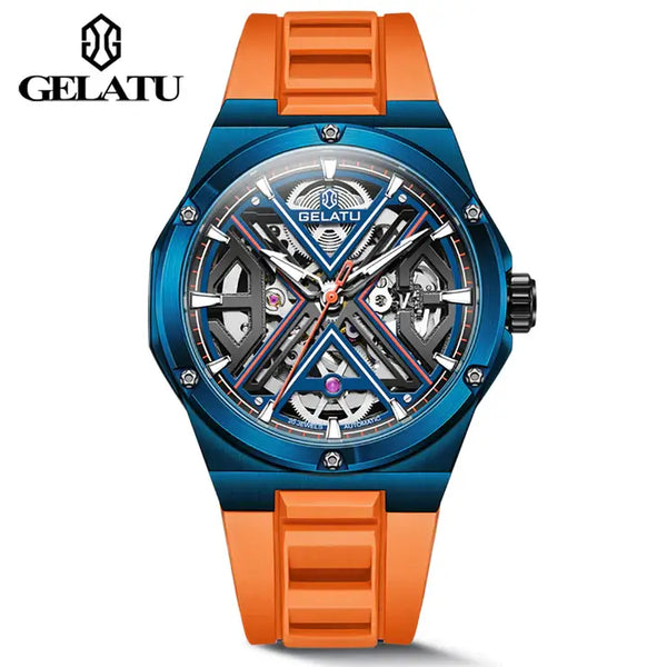 GELATU 6006 Men's Luxury Automatic Mechanical Skeleton Design Luminous Watch - Blue Orange Strap