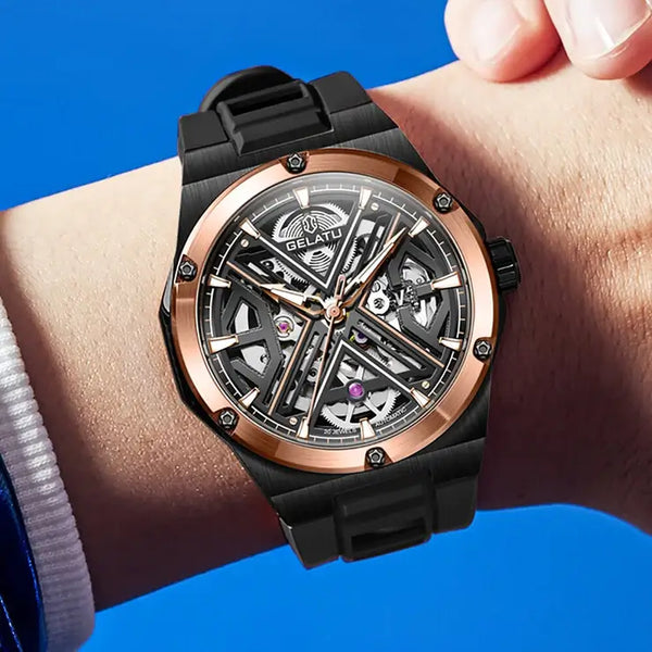 GELATU 6006 Men's Luxury Automatic Mechanical Skeleton Design Luminous Watch - Model Picture Black Rose Gold
