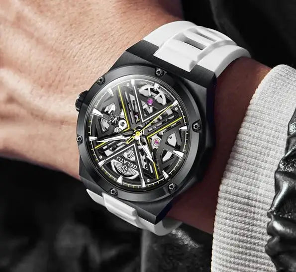 GELATU 6006 Men's Luxury Automatic Mechanical Skeleton Design Luminous Watch - Model Picture Black White