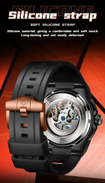 GELATU 6006 Men's Luxury Automatic Mechanical Skeleton Design Luminous Watch - Silicone Strap