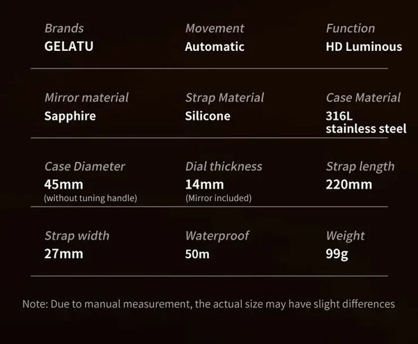 GELATU 6006 Men's Luxury Automatic Mechanical Skeleton Design Luminous Watch - Specifications