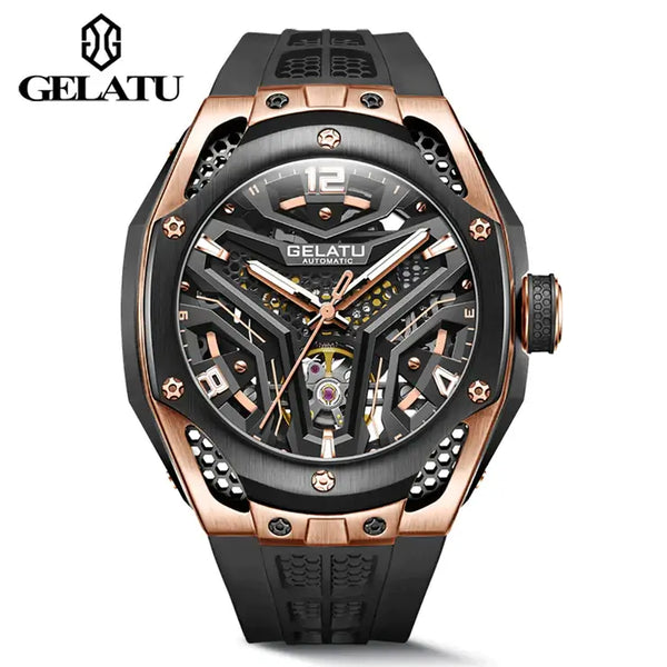 GELATU 6007 Men's Luxury Automatic Mechanical Skeleton Design Luminous Watch - Black Rose Gold Black Strap