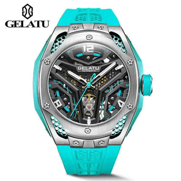 GELATU 6007 Men's Luxury Automatic Mechanical Skeleton Design Luminous Watch - Blue Gray Blue Strap