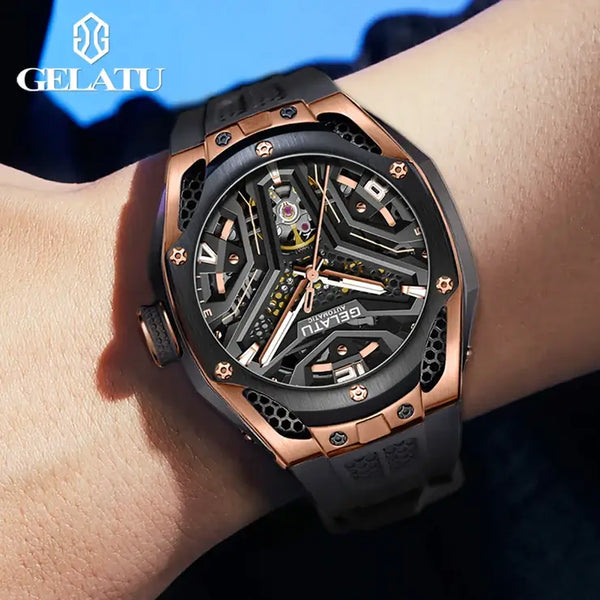 GELATU 6007 Men's Luxury Automatic Mechanical Skeleton Design Luminous Watch - Model Picture Black Rose Gold