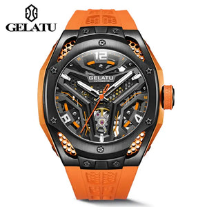 GELATU 6007 Men's Luxury Automatic Mechanical Skeleton Design Luminous Watch - Orange Black Orange Strap