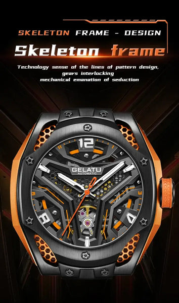 GELATU 6007 Men's Luxury Automatic Mechanical Skeleton Design Luminous Watch - Skeleton Frame