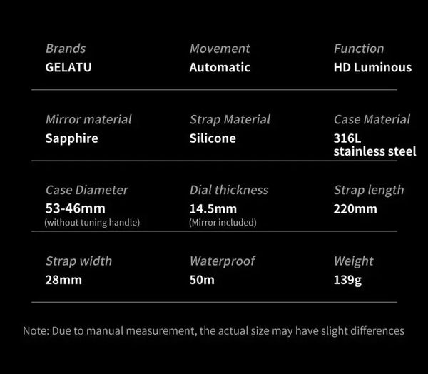 GELATU 6007 Men's Luxury Automatic Mechanical Skeleton Design Luminous Watch - Specifications