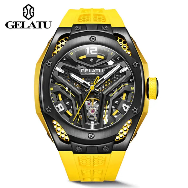 GELATU 6007 Men's Luxury Automatic Mechanical Skeleton Design Luminous Watch - Yellow Black Yellow Strap