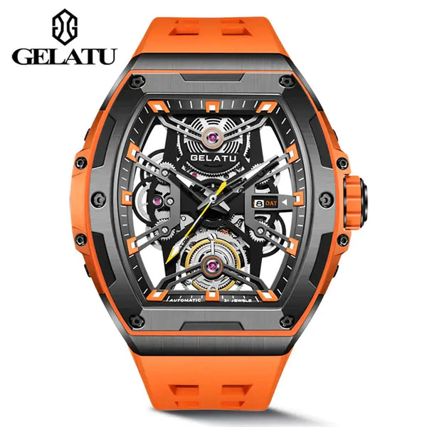 GELATU 6012 Men's Luxury Automatic Mechanical Skeleton Design Luminous Watch - Black Orange Orange Strap