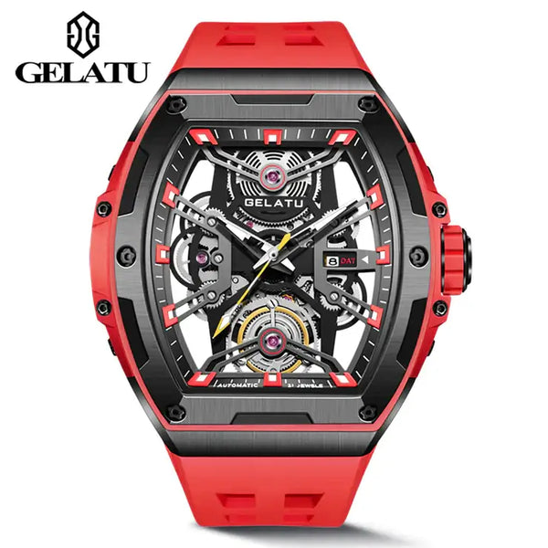 GELATU 6012 Men's Luxury Automatic Mechanical Skeleton Design Luminous Watch - Black Red Red Strap