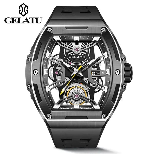 GELATU 6012 Men's Luxury Automatic Mechanical Skeleton Design Luminous Watch - Black White White Strap