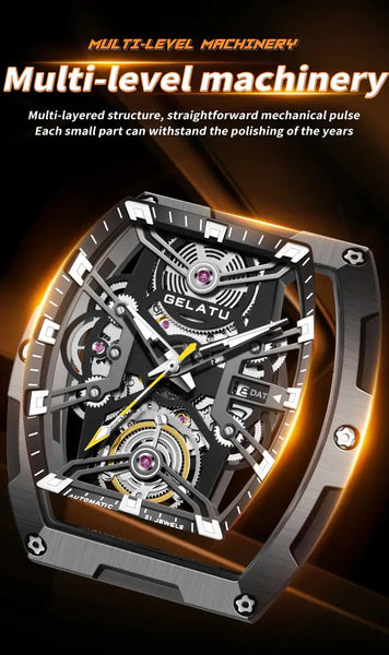 GELATU 6012 Men's Luxury Automatic Mechanical Skeleton Design Luminous Watch - Multilevel Machinery