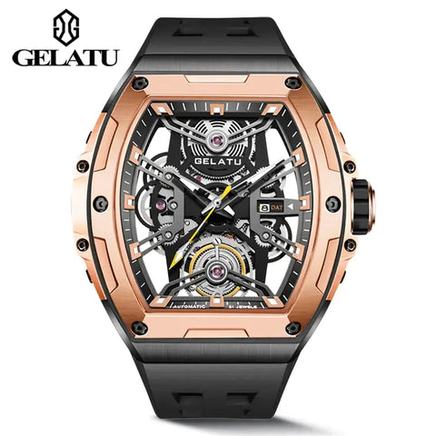 GELATU 6012 Men's Luxury Automatic Mechanical Skeleton Design Luminous Watch - Rose Gold Black Black Strap