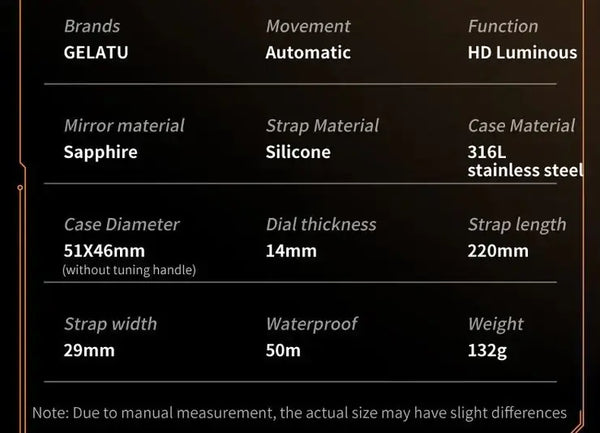 GELATU 6012 Men's Luxury Automatic Mechanical Skeleton Design Luminous Watch - Specifications