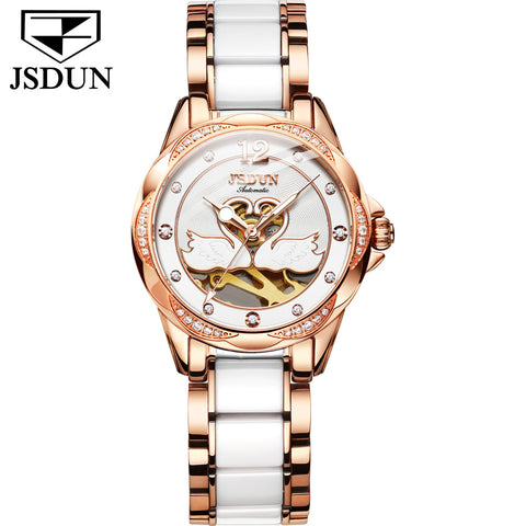 JSDUN 8831 Women's Luxury Automatic Mechanical Swan Design Luminous Watch - White Face