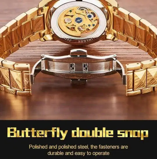 JSDUN 8840 Men's Luxury Automatic Mechanical Gold Dragon Design Luminous Watch - Butterfly Double Buckle