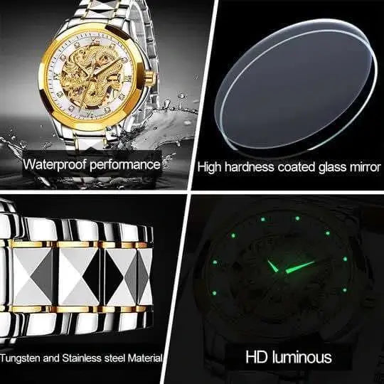 JSDUN 8840 Men's Luxury Automatic Mechanical Gold Dragon Design Luminous Watch - Multiple Features