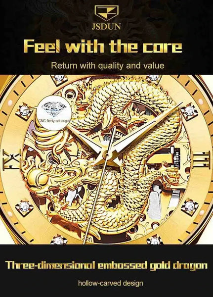 JSDUN 8840 Men's Luxury Automatic Mechanical Gold Dragon Design Luminous Watch - Gold Dragon