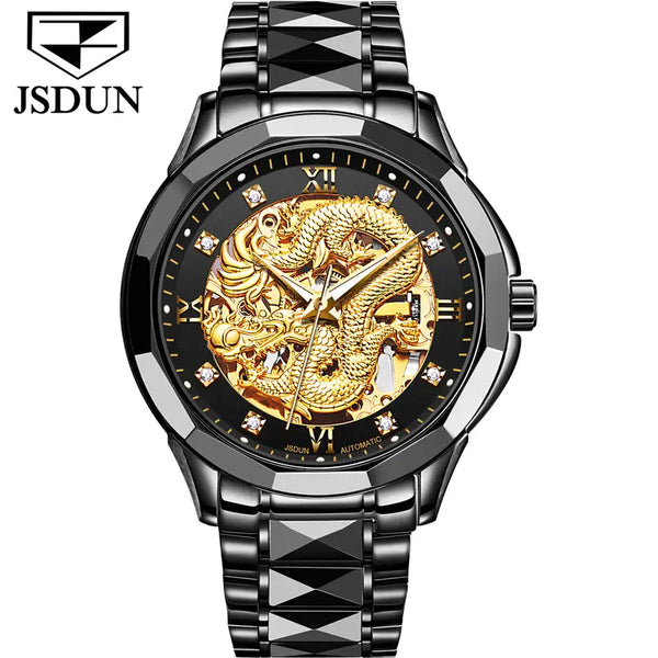 JSDUN 8840 Men's Luxury Automatic Mechanical Gold Dragon Design Luminous Watch - Full Black