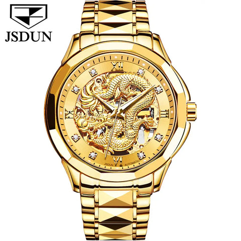JSDUN 8840 Men's Luxury Automatic Mechanical Gold Dragon Design Luminous Watch - Full Gold
