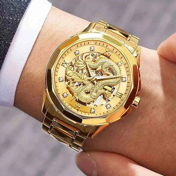 JSDUN 8840 Men's Luxury Automatic Mechanical Gold Dragon Design Luminous Watch - Model Picture
