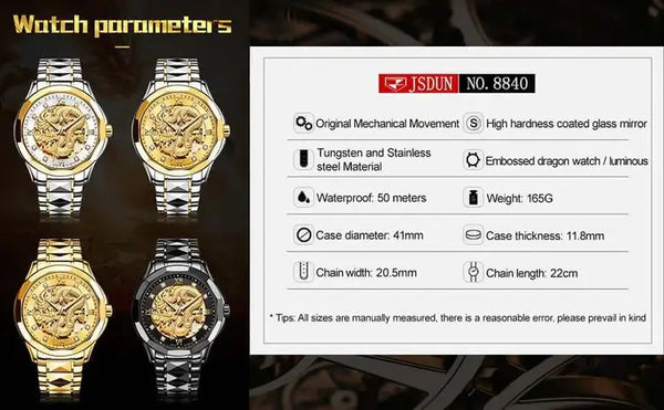 JSDUN 8840 Men's Luxury Automatic Mechanical Gold Dragon Design Luminous Watch - Specifications