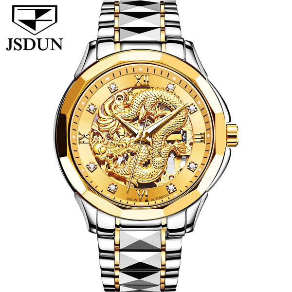 JSDUN 8840 Men's Luxury Automatic Mechanical Gold Dragon Design Luminous Watch - Two Tone Gold
