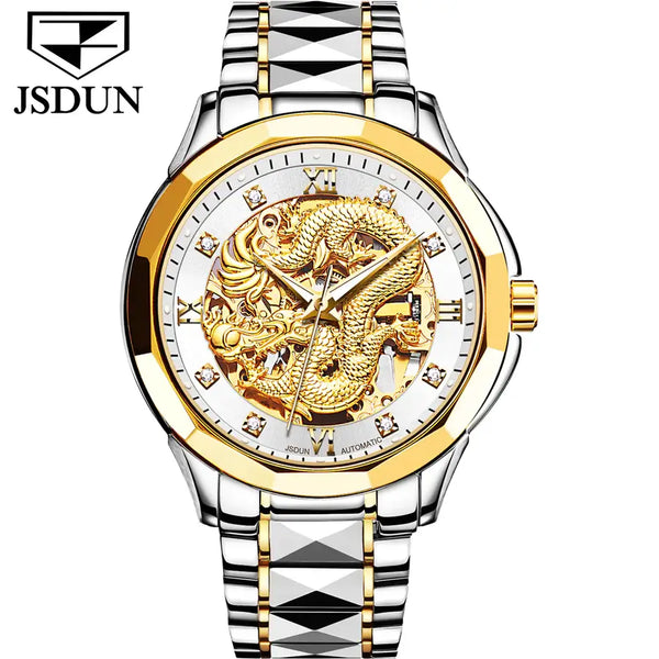 JSDUN 8840 Men's Luxury Automatic Mechanical Gold Dragon Design Luminous Watch - Two Tone White